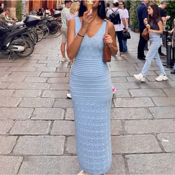 Ronny Kobo Blue Crochet Maxi Slip Dress XL Backless Knit Vacation Tank $320 - Picture 5 of 12